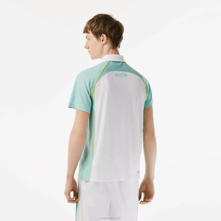 homens Lacoste branco verde claro amarelo awc polo de poliéster reciclado de tênis com tecnologia ultra-dry 08D0137