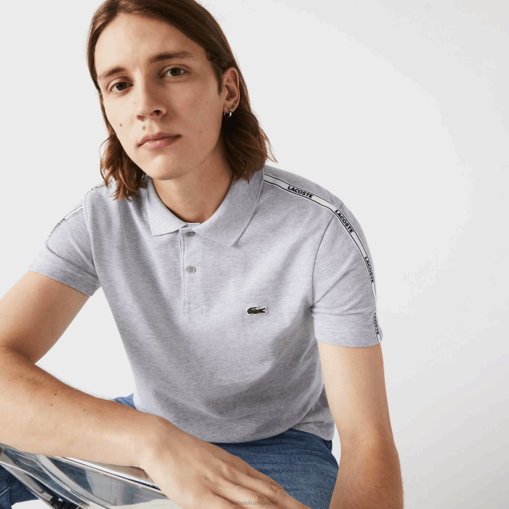 homens Lacoste chine cinza cca polo de algodão elástico de faixas de marca de ajuste regular 08D0923