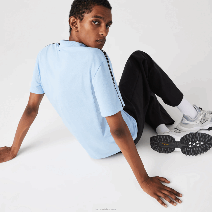 homens Lacoste hbp azul polo de algodão ultraleve com faixa com letras 08D0815