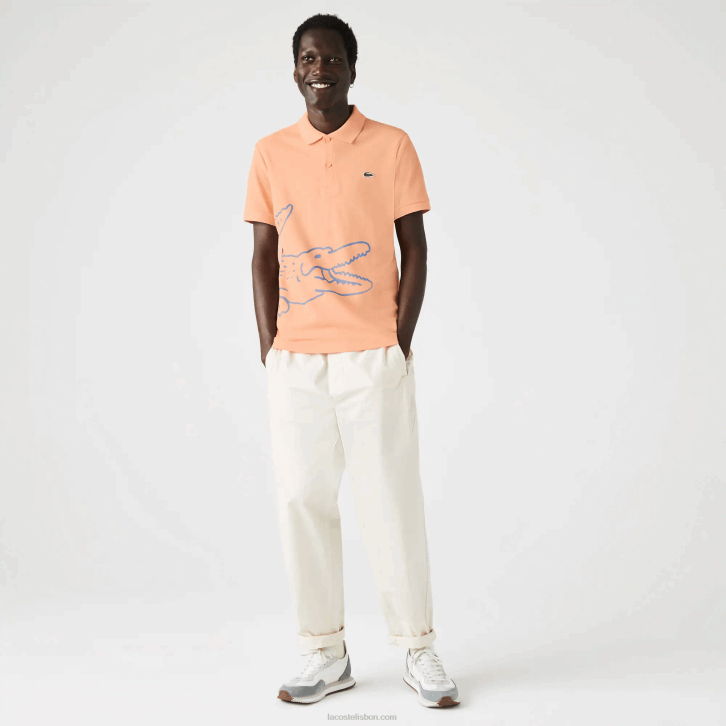 homens Lacoste heb laranja claro polo piquê de algodão com estampa de crocodilo regular fit 08D0647