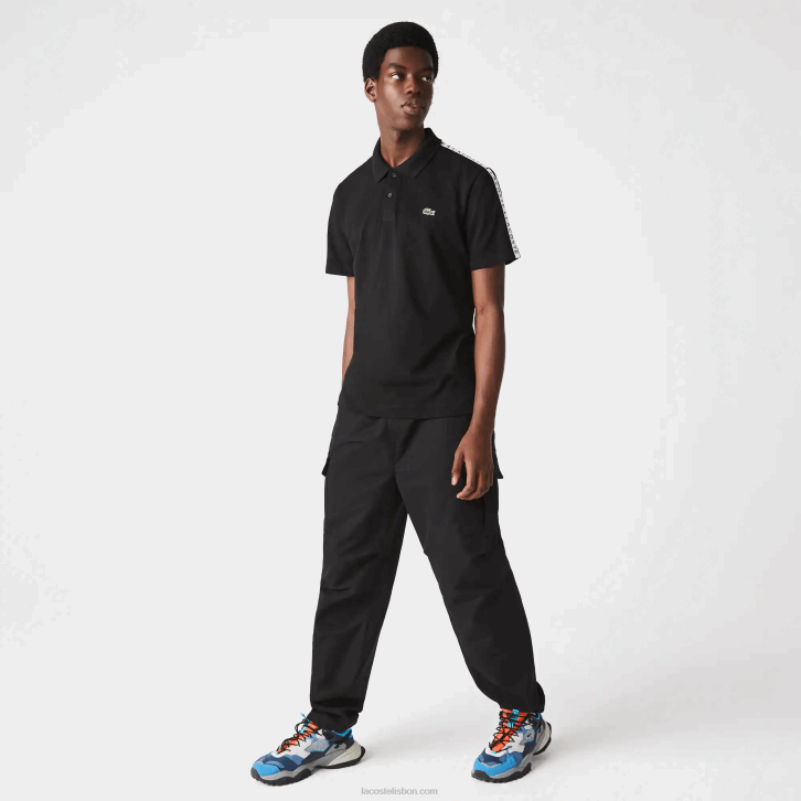 homens Lacoste preto 031 polo de algodão ultraleve com faixa com letras 08D0816