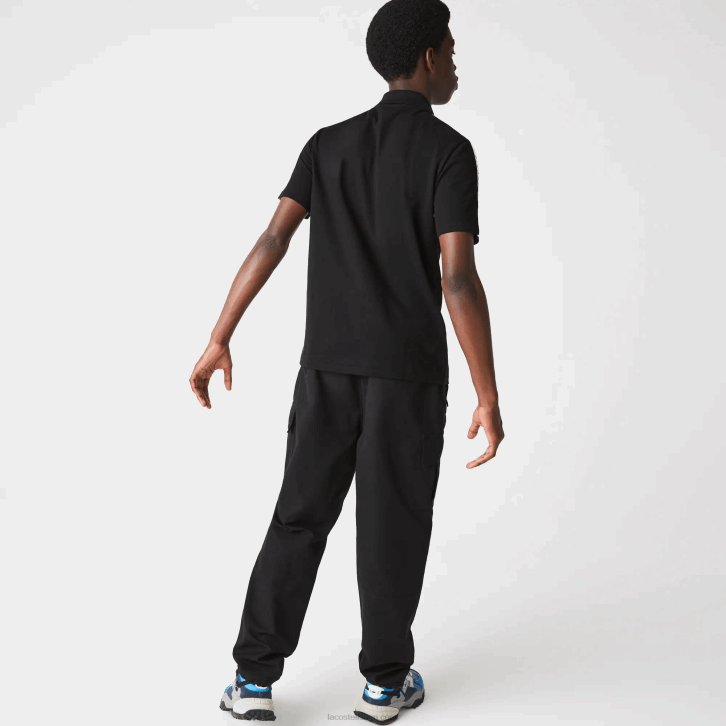 homens Lacoste preto 031 polo de algodão ultraleve com faixa com letras 08D0816