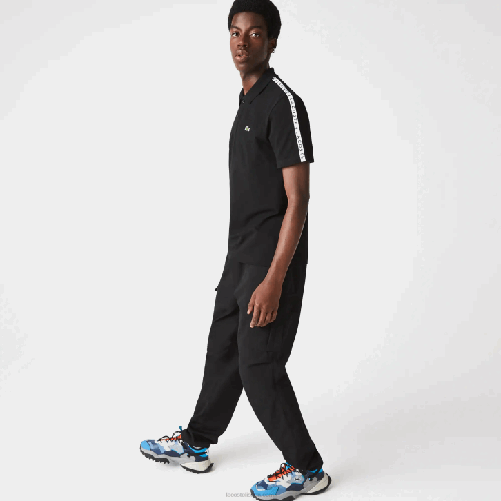 homens Lacoste preto 031 polo de algodão ultraleve com faixa com letras 08D0816