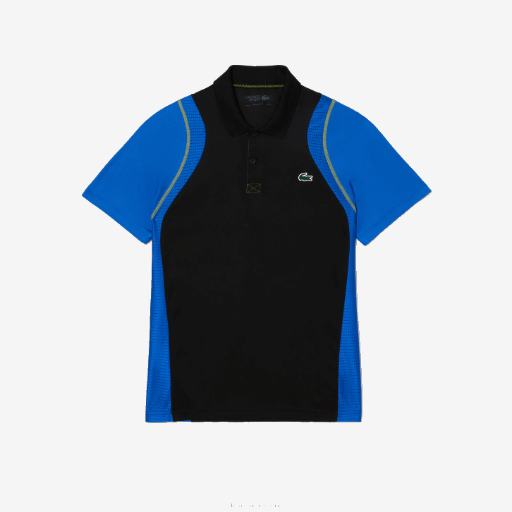 homens Lacoste preto azul amarelo xis camisa pólo de poliéster reciclado de tênis 08D085