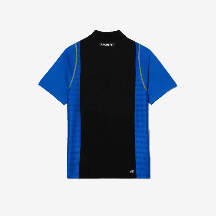 homens Lacoste preto azul amarelo xis camisa pólo de poliéster reciclado de tênis 08D085