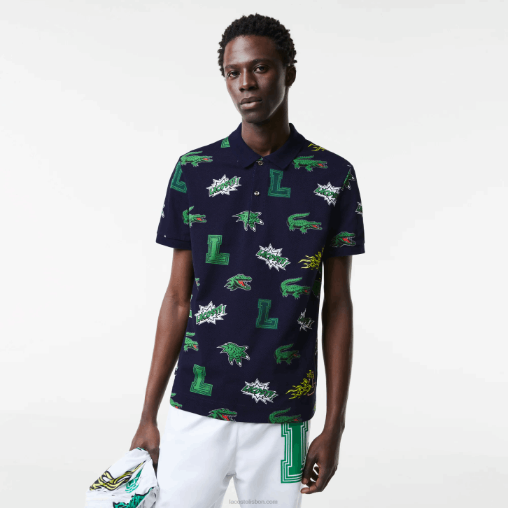 homens Lacoste qrn branco azul marinho polo regular fit com estampa de crocodilo 08D0631