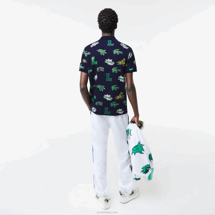 homens Lacoste qrn branco azul marinho polo regular fit com estampa de crocodilo 08D0631