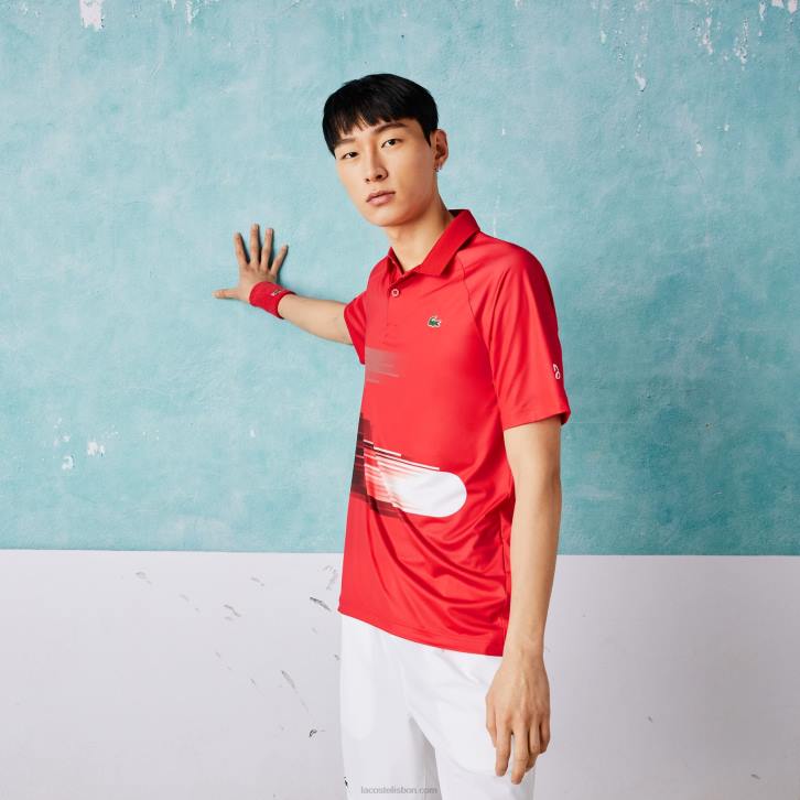 homens Lacoste vermelho branco c9u polo stretch esportiva novak djokovic com estampa 08D0929