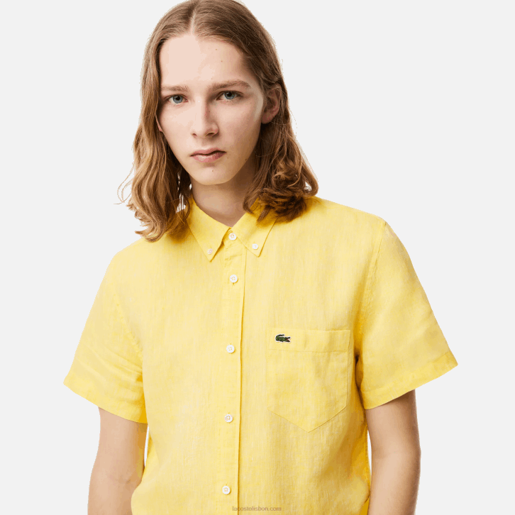homens Lacoste amarelo 107 camisa de linho manga curta 08D0496