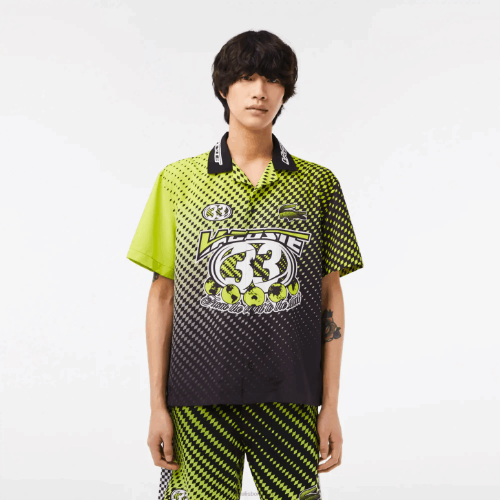 homens Lacoste amarelo preto g65 camisa xadrez ombre manga curta 08D0464