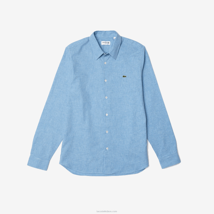 homens Lacoste azul branco fv2 camisa de cambraia de algodão slim fit 08D01520