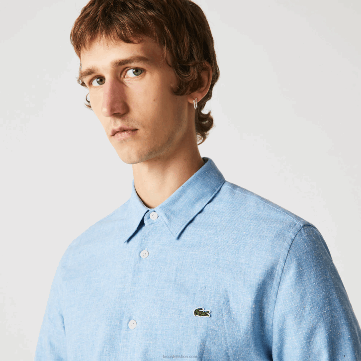 homens Lacoste azul branco fv2 camisa de cambraia de algodão slim fit 08D01520