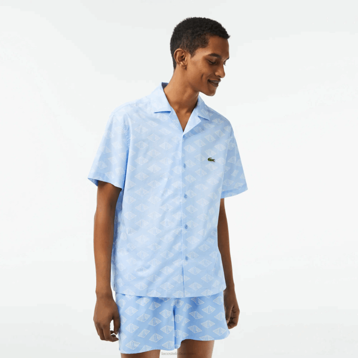 homens Lacoste azul branco fv2 camisa manga curta estampa monograma 08D0508
