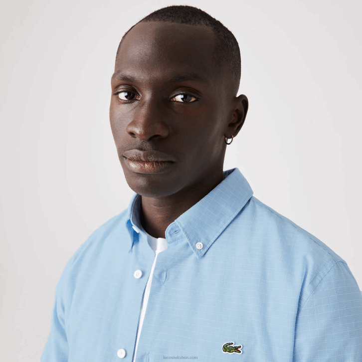homens Lacoste azul branco fv2 camisa xadrez slim fit de algodão e linho 08D01647