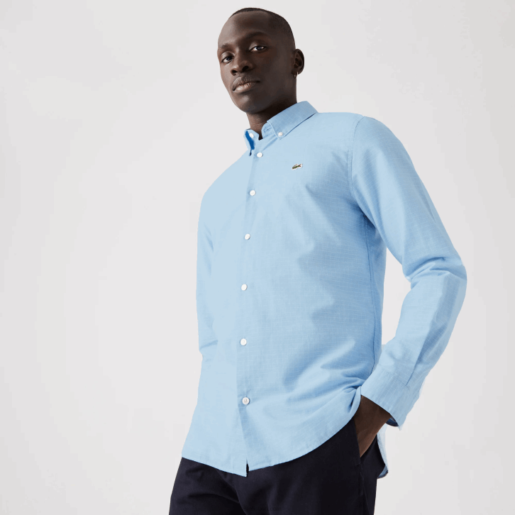 homens Lacoste azul branco fv2 camisa xadrez slim fit de algodão e linho 08D01647