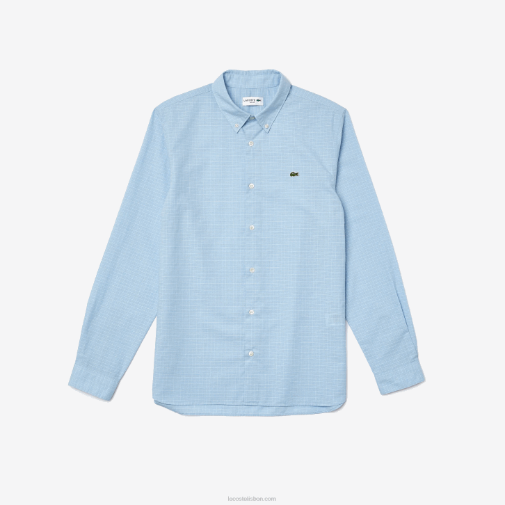 homens Lacoste azul branco fv2 camisa xadrez slim fit de algodão e linho 08D01647