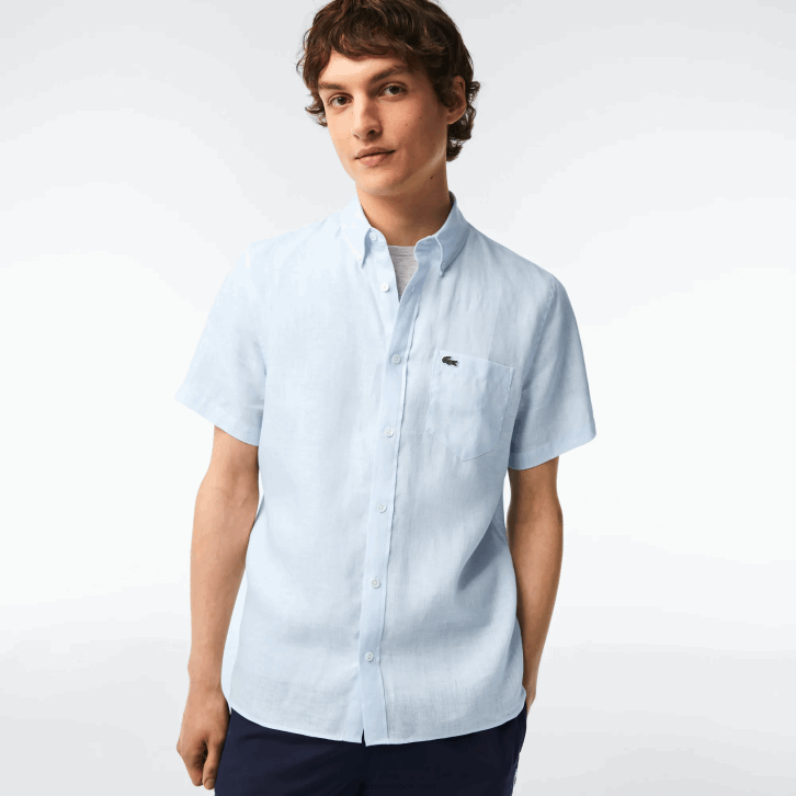 homens Lacoste azul claro t01 camisa de linho manga curta 08D0488