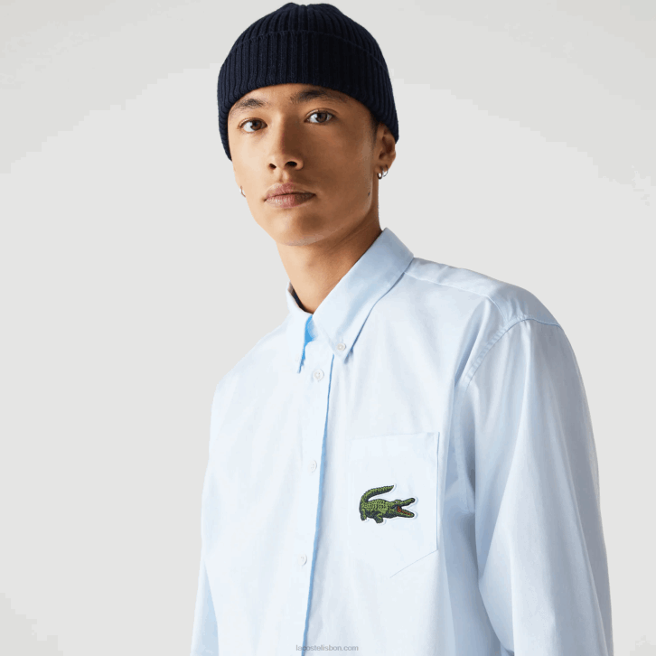 homens Lacoste azul gn2 camisa de algodão de crocodilo grande de ajuste relaxado 08D0413