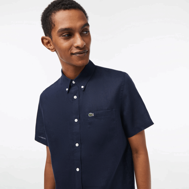 homens Lacoste azul marinho 166 camisa de linho manga curta 08D0491