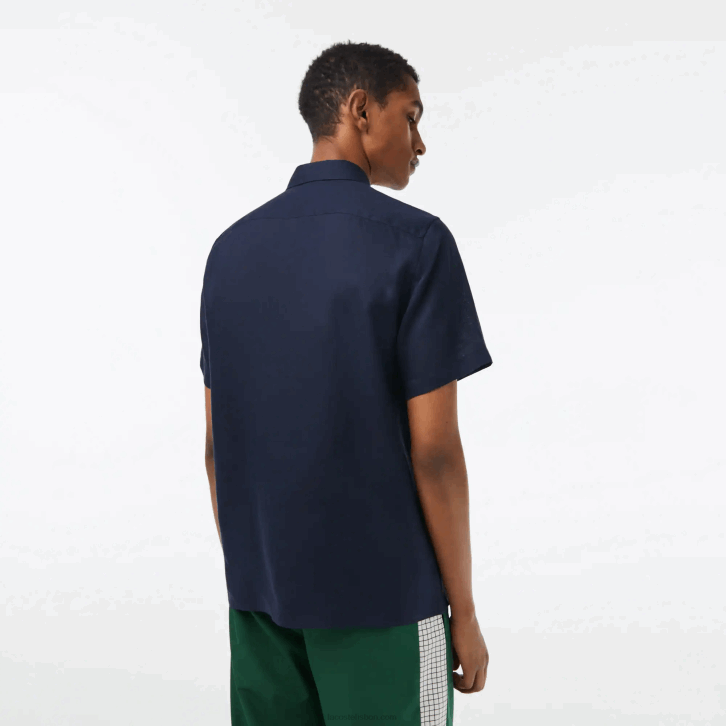 homens Lacoste azul marinho 166 camisa de linho manga curta 08D0491