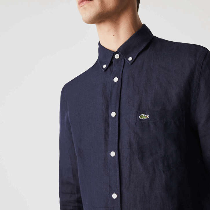homens Lacoste azul marinho 166 camisa de linho regular 08D01650