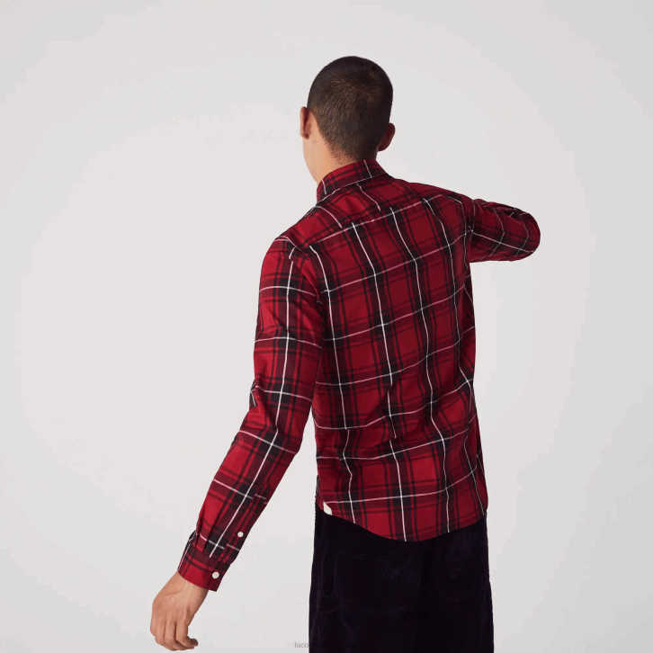 homens Lacoste bordeaux preto branco llu camisa de popelina de algodão stretch xadrez slim fit 08D01612