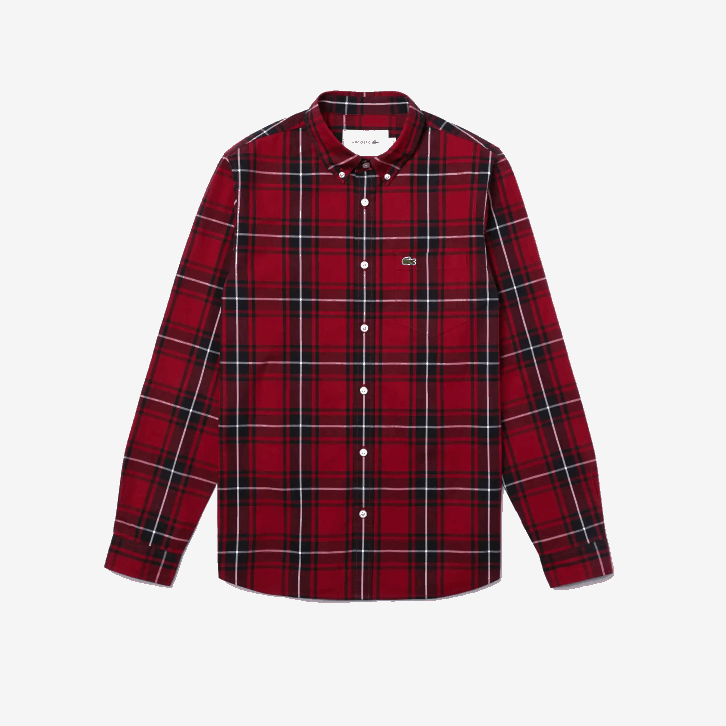 homens Lacoste bordeaux preto branco llu camisa de popelina de algodão stretch xadrez slim fit 08D01612