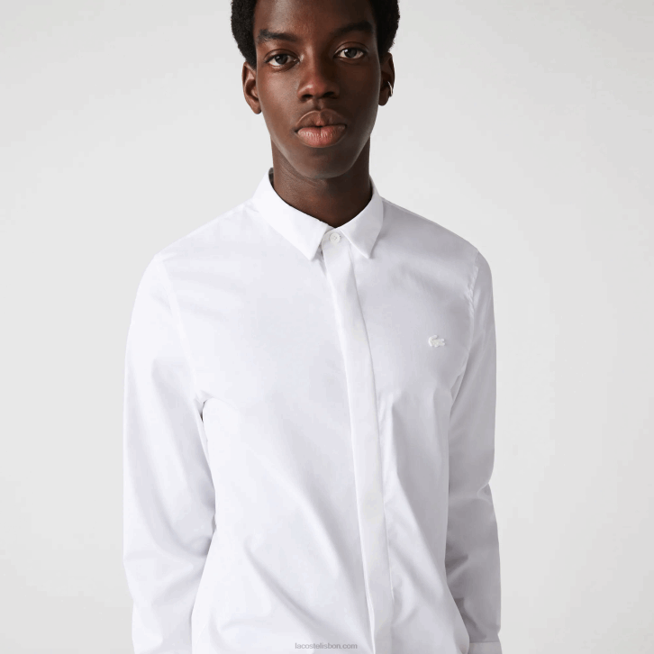 homens Lacoste branco 001 camisa de popelina de algodão stretch com carcela oculta slim fit 08D01648