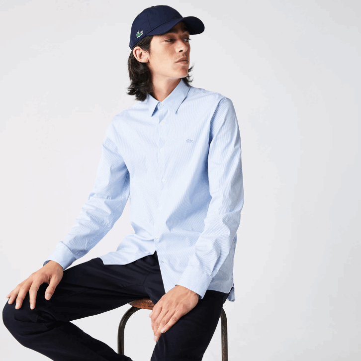 homens Lacoste branco azul f6z camisa de popeline listrada slim fit 08D0400