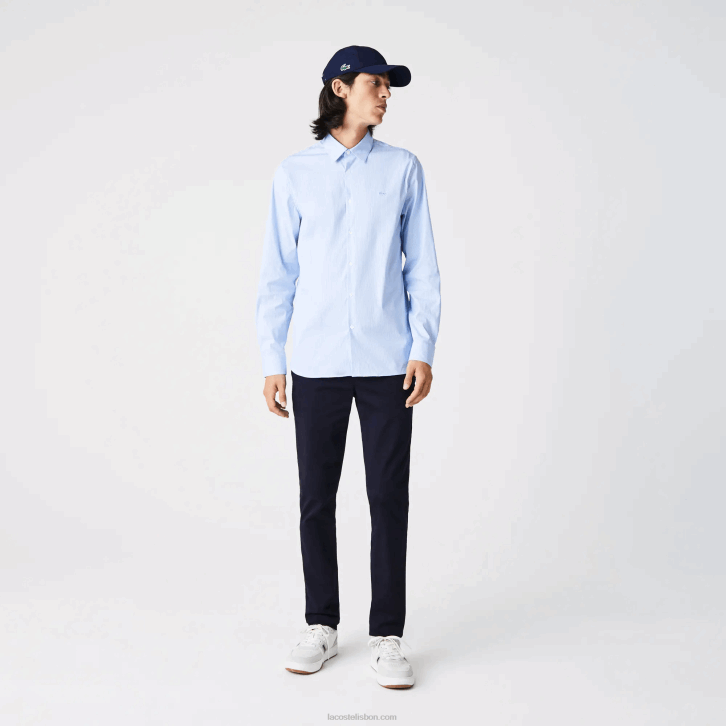 homens Lacoste branco azul f6z camisa de popeline listrada slim fit 08D0400