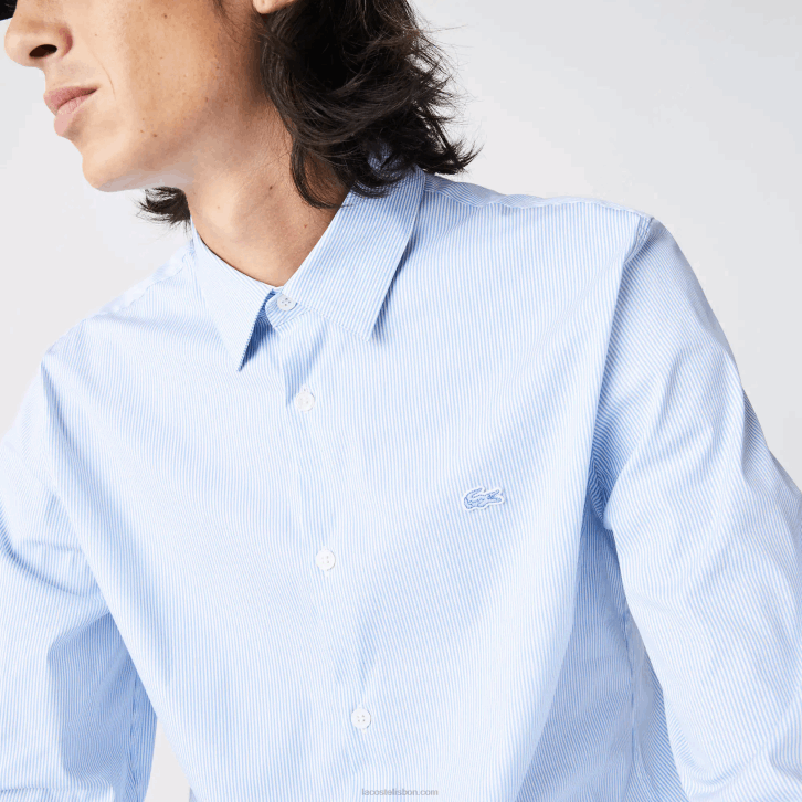 homens Lacoste branco azul f6z camisa de popeline listrada slim fit 08D0400