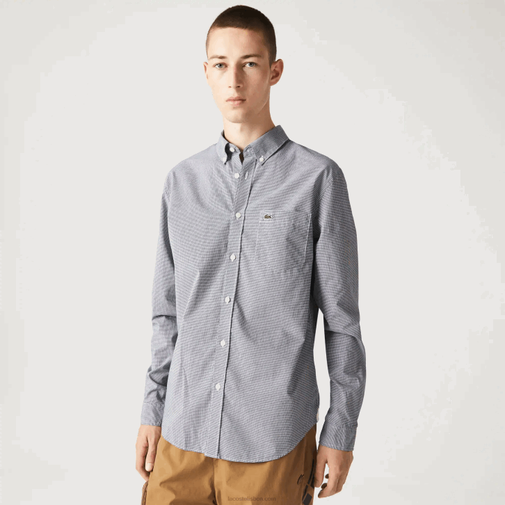 homens Lacoste branco azul marinho 522 camisa de popeline de algodão de ajuste regular 08D01485