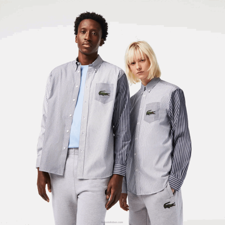 homens Lacoste branco azul marinho 522 grande camisa de algodão listrada de crocodilo 08D0493