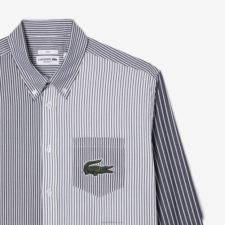 homens Lacoste branco azul marinho 522 grande camisa de algodão listrada de crocodilo 08D0493