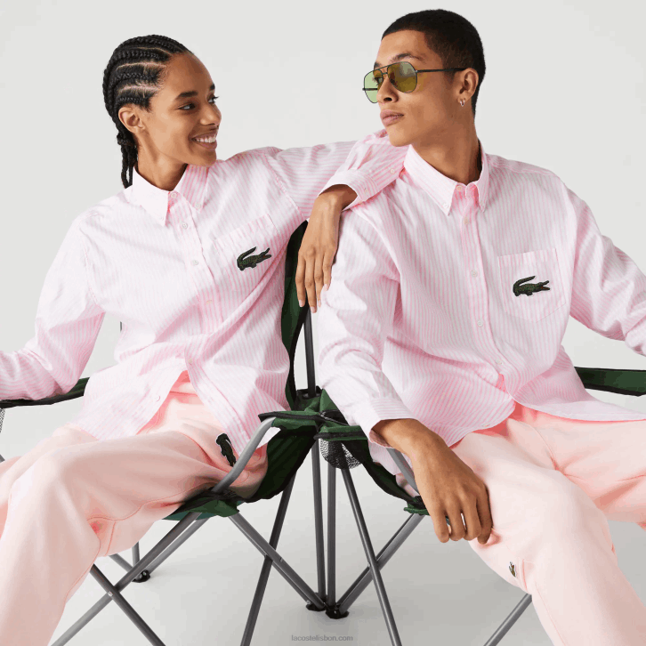 homens Lacoste branco rosa claro 7fd camisa de algodão de crocodilo grande de ajuste relaxado 08D0412