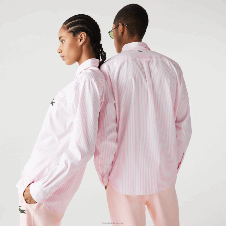 homens Lacoste branco rosa claro 7fd camisa de algodão de crocodilo grande de ajuste relaxado 08D0412