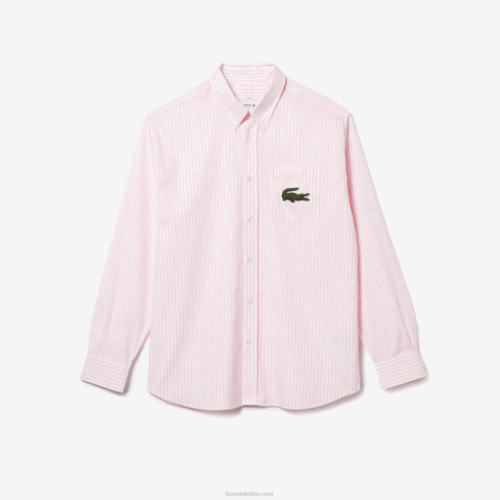 homens Lacoste branco rosa claro 7fd camisa de algodão de crocodilo grande de ajuste relaxado 08D0412