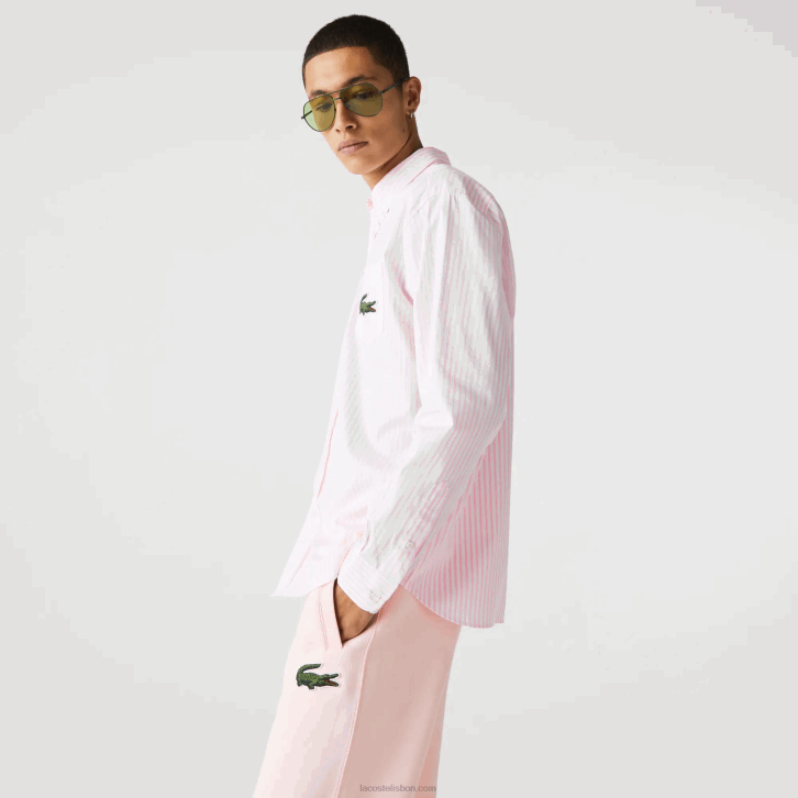 homens Lacoste branco rosa claro 7fd camisa de algodão de crocodilo grande de ajuste relaxado 08D0412