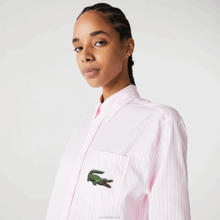 homens Lacoste branco rosa claro 7fd camisa de algodão de crocodilo grande de ajuste relaxado 08D0412