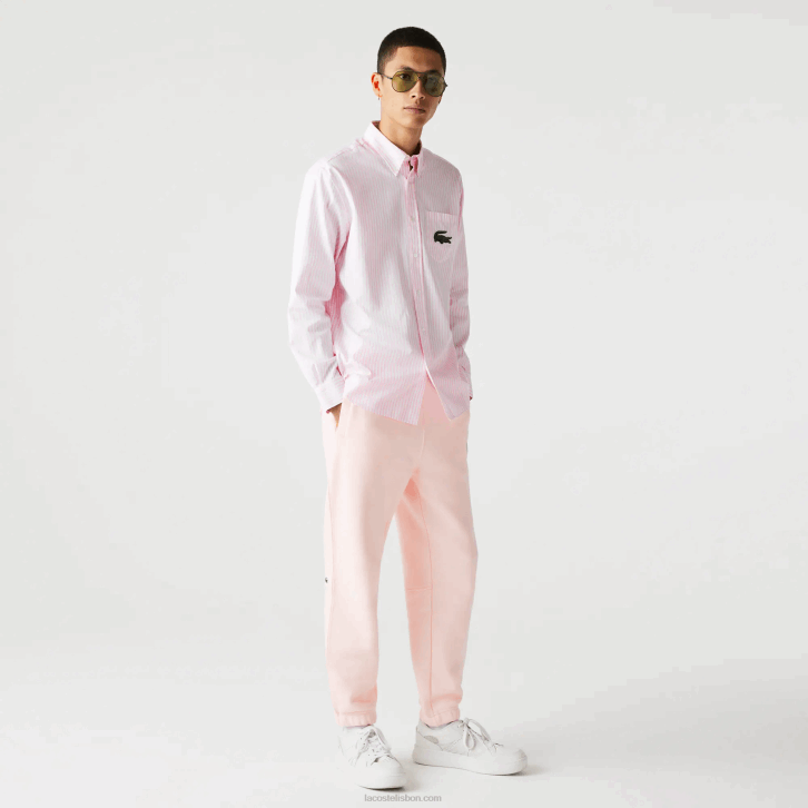 homens Lacoste branco rosa claro 7fd camisa de algodão de crocodilo grande de ajuste relaxado 08D0412