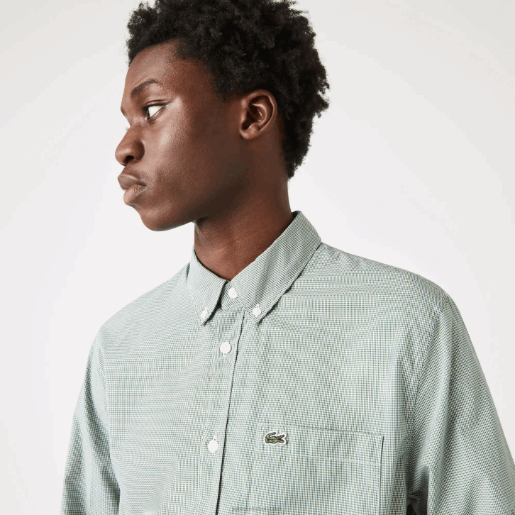 homens Lacoste branco verde 737 camisa de popeline de algodão de ajuste regular 08D01486