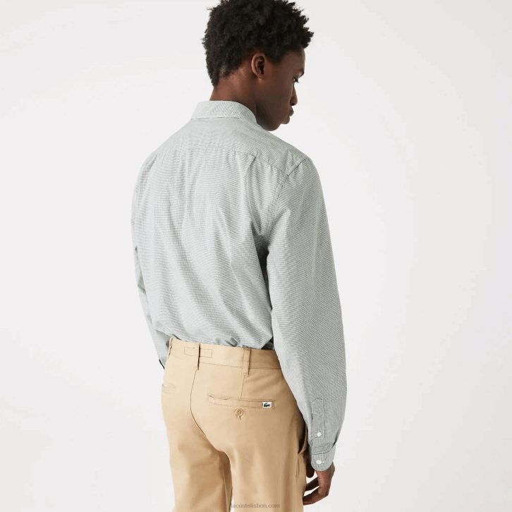 homens Lacoste branco verde 737 camisa de popeline de algodão de ajuste regular 08D01486