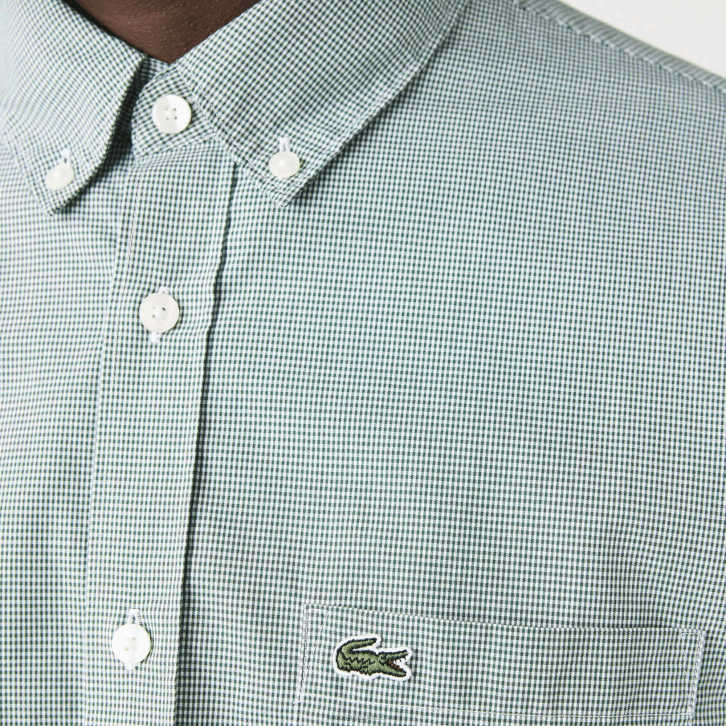 homens Lacoste branco verde 737 camisa de popeline de algodão de ajuste regular 08D01486