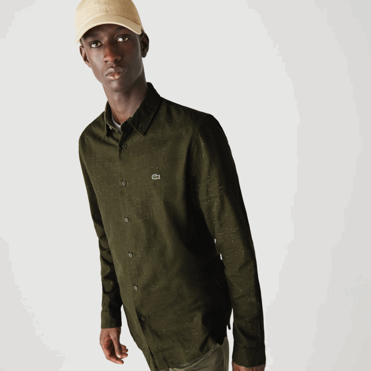 homens Lacoste cáqui verde branco n8e camisa de algodão flamejado slim fit 08D01645