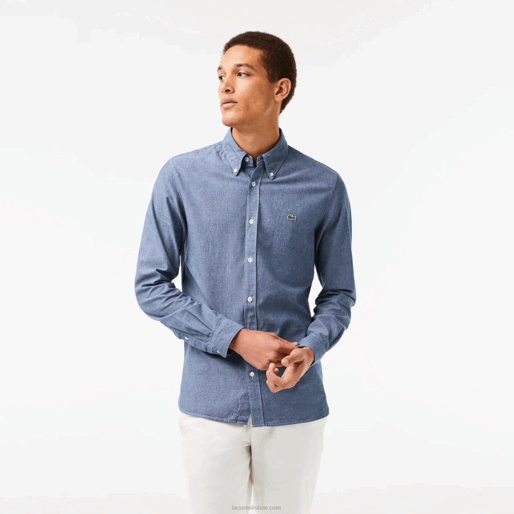 homens Lacoste cdz azul camisa de cambraia de algodão slim fit 08D01573