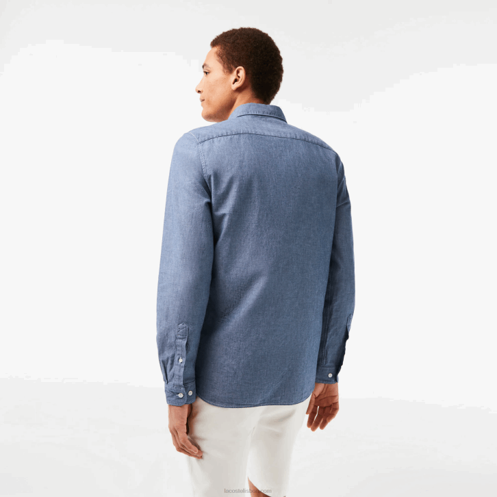 homens Lacoste cdz azul camisa de cambraia de algodão slim fit 08D01573