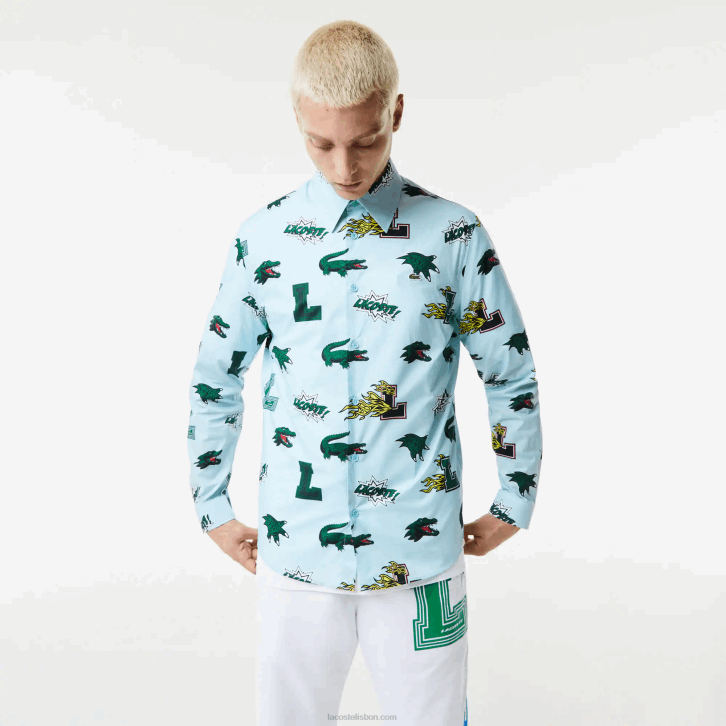 homens Lacoste eep branco azul camisa regular fit com estampa de crocodilo 08D01574