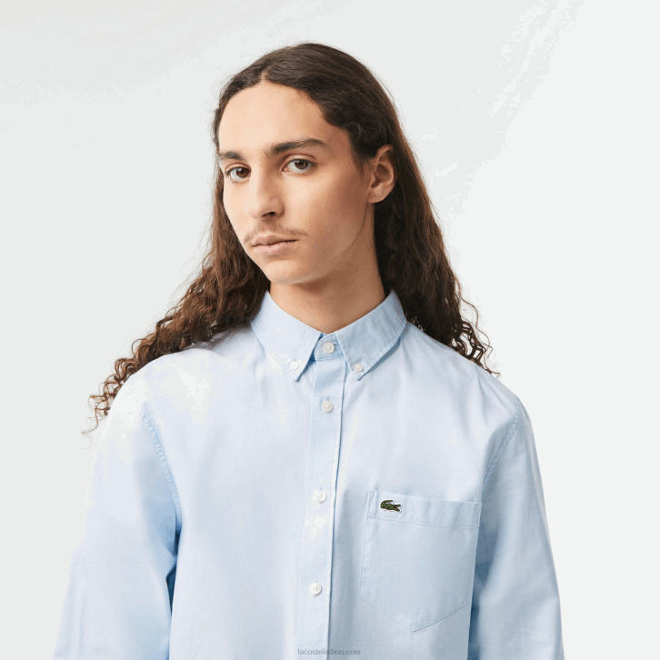 homens Lacoste hbp azul camisa de algodão oxford de colarinho abotoado 08D0505