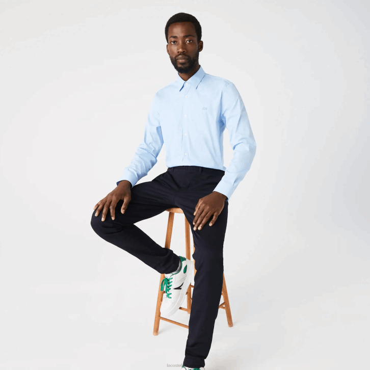 homens Lacoste hbp azul camisa de popelina de algodão de gola francesa slim fit 08D01439