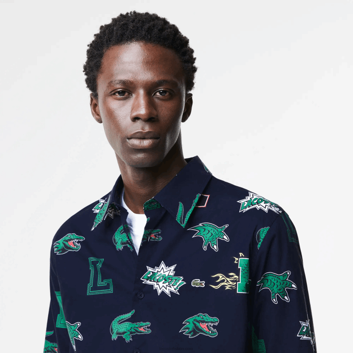 homens Lacoste qrn branco azul marinho camisa regular fit com estampa de crocodilo 08D01575